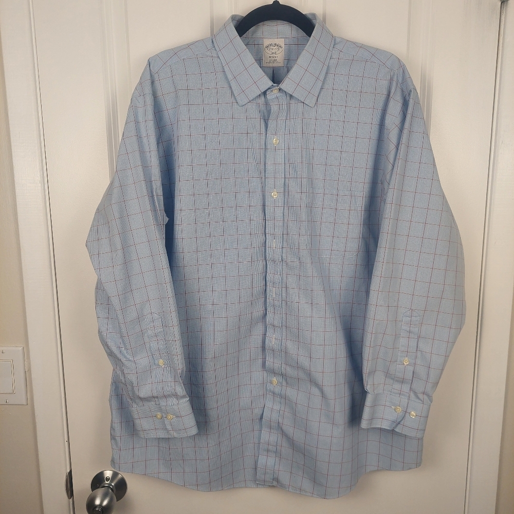 Brooks Brothers Non-Iron Cotton Dress Shirt, Men's 17 1/2 Blue Check with Red